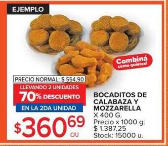 Carrefour Bocaditos de calabaza y mozzarella llevando 2 unidades 70% descuento en la 2da unidad oferta