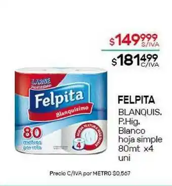 Nini Mayorista Felpita Blanquis P.Hig/Blanco hoja simple 80mt x 4 uni oferta