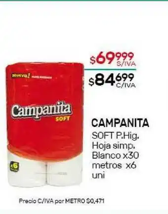 Nini Mayorista Campanita Soft. P.Hig Hoja simp Blanco x 30metros x 6 uni oferta