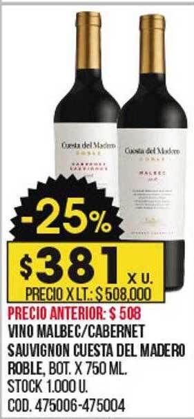 Coto Vino malbec cabernet sauvignon cuesta del madero roble oferta