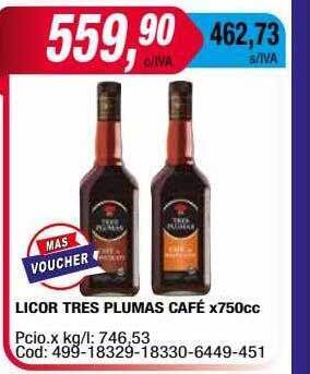 Maxiconsumo Licor tres plumas café oferta