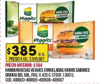 Coto Hamburguesas veggies congeladas varios sabores granja del sol oferta