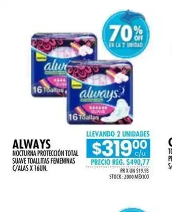 Pigmento Always Nocturna Protección total Suave Toallitas Femeninas oferta