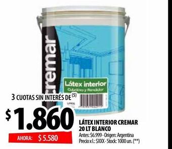 Punto Mayorista Látex interior cremar 20 lt blanco oferta