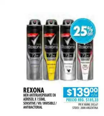 Pigmento Rexona Men Antitranspirante En Aerosol Sensitive V8 Invisible Antibacterial oferta