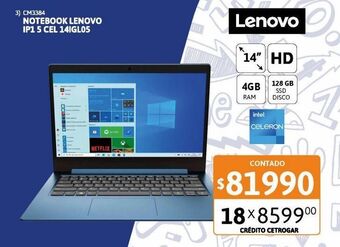 Cetrogar Notebook lenovo ip1 cel 14igl05 14'' 4-128gb 81vu00juar oferta