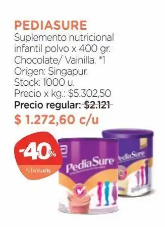 Farmacity Suplemento nutricional infantil polvo pediasure chocolate x 400 g oferta