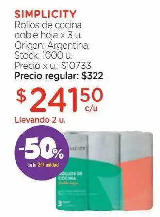 Farmacity Rollos de cocina doble hoja simplicity x 3 u oferta
