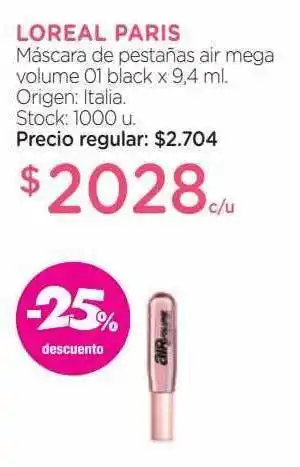 Farmacity Loreal paris máscara de pestañas air mega volume 01 black -25% descuento oferta