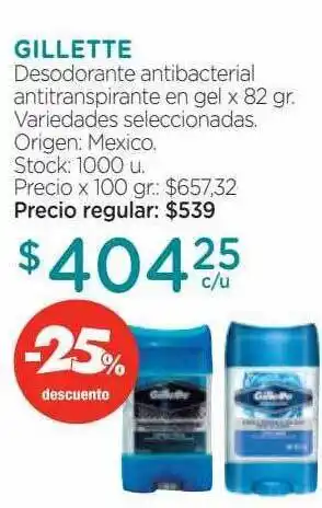 Farmacity Gillette desodorante antibacterial antitranspirante en gel -25% descuento oferta