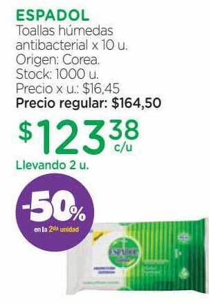 Farmacity Espadol toallas húmedas antibacterial -50% en la 2da unidad oferta