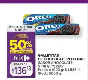 Carrefour Galletitas de chocolate rellenas oreo llevando 2 u. iguales 50% descuento en la 2da unidad oferta