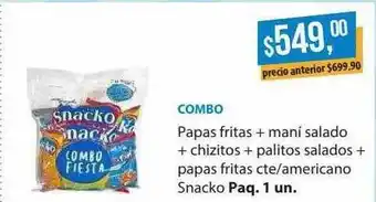 Supermercados Damesco Combo papas fritas + mani salado + chorizo + palitos salados + papas fritas cte americano snacko oferta
