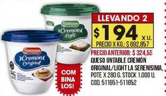 Coto Queso untable cremón original light la serenisima oferta