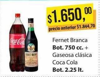 Supermercados Damesco Fernet branca + gaseosa clásica coca cola oferta