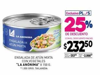 La Anonima Ensalada de atún mixta con vegetales oferta