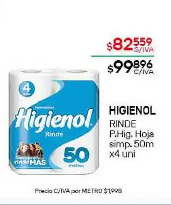 Nini Mayorista Higienol Rinde P. Hig. Hoja Simp. 50mx4uni oferta