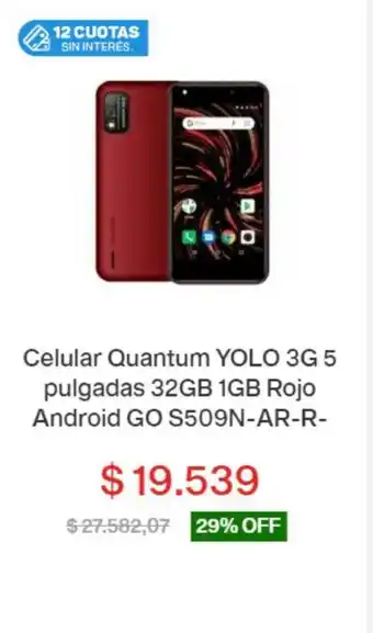 Garbarino Celular quantum YOLO 3G 5 pulgadas 32GB 1GB rojo android GO S509N-AR-R- oferta