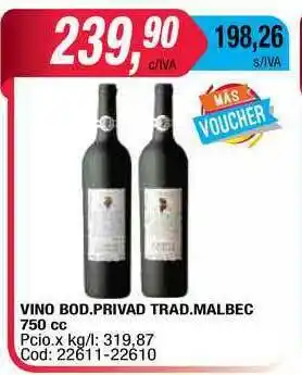 Maxiconsumo Vino Bod. Privad Trad. Malbec 750cc oferta