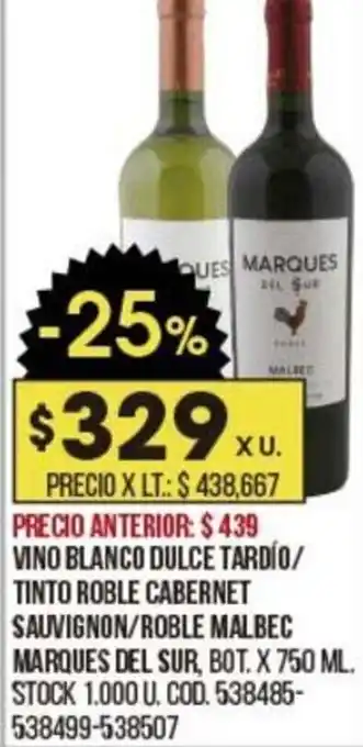 Coto MARQUES DEL SUR vino blanco dulce taroio/tinto roble cabernet sauvignon/roble malbec oferta