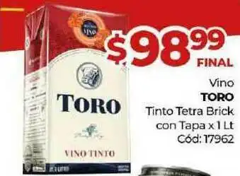 Diarco Vino Toro Tinto Tetra Brick Con Tapa x1 lt oferta