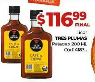 Diarco Licor Tres Plumas Petaca x200 ml oferta