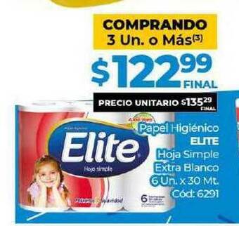 Diarco Papel Higiénico Elite Hoja Simple Extra Blanco 6 un x 30 mt oferta