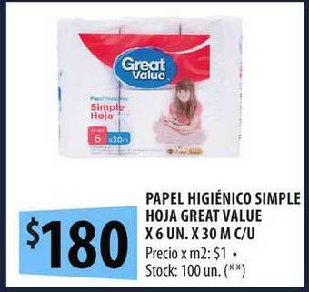 Punto Mayorista Papel Higiénico Simple Hoja Great Value oferta