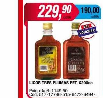 Maxiconsumo Licor tres plumas pet oferta