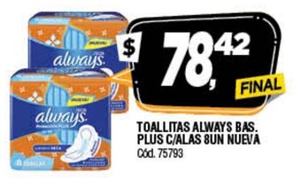 Supermercados Yaguar Always Toallitas Bas Plus C/Alas 8un Nueva oferta