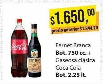 Supermercados Damesco Fernet branca + gaseosa clásica coca cola oferta