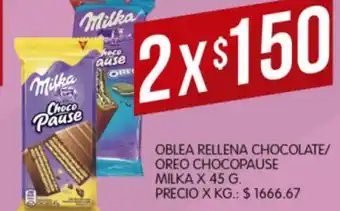 Supermercados DIA Oblea Rellena Chocolate/ Oreo chocopause Milka x 45g oferta