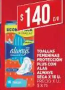 Supermercados DIA Toallas Femeninas Proteccion Plus con alas Always Seca x 16U oferta