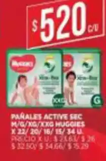 Supermercados DIA Pañales Active Sec M/G/XG/XXG Huggies x 22/20/16/15/34U oferta