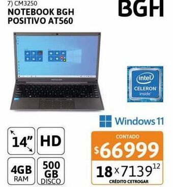 Cetrogar Notebook bgh positivo at560 14" cel 4-500gb oferta