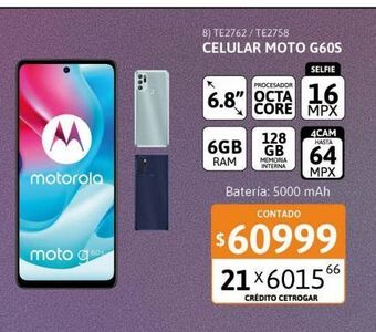 Cetrogar Celular motorola g60s 6,8" 6/128 64mp acqua oferta