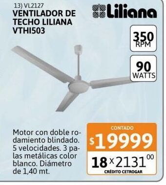 Cetrogar Ventilador de techo liliana 3p 5v ch bl 90w vthi503 oferta