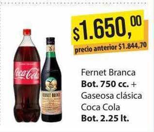 Supermercados Damesco Fernet branca + gaseosa clásica coca cola oferta
