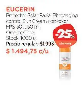Farmacity Eucerin Protector Solar Facial Photoaging Control Sun Cream Con Color Fps 50 x 50ml oferta