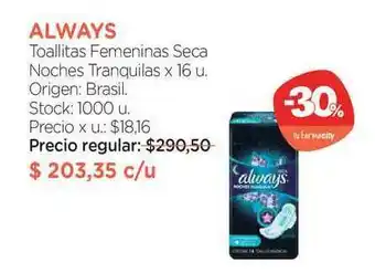 Farmacity Always Toallitas Femeninas Seca Noches Tranquilas x 16u oferta
