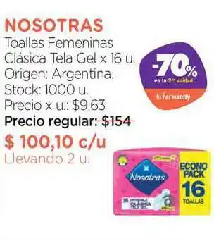 Farmacity Nosotras Toallas Femeninas Clásica Tela Gel x 16u oferta