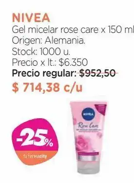 Farmacity Gel limpiador facial micelar nivea rose care para todo tipo de piel x 150 ml oferta