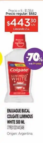 Farmacity Enjuague bucal colgate luminous white promo lleve 500 ml pague 350 ml oferta