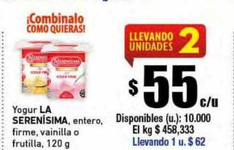 Cooperativa Obrera Yogur la serenísima entero firme vainilla o frutilla oferta