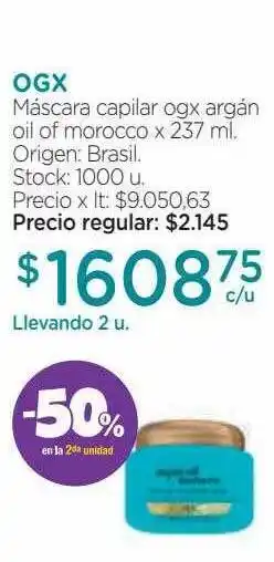 Farmacity Ogx máscara capilar ogx argón oil of morocco -50% en la 2da unidad oferta
