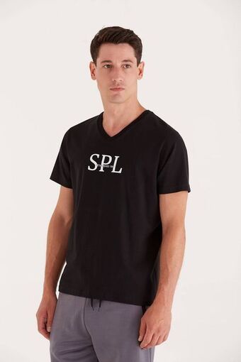 Macowens Remera de jersey estampada negra oferta