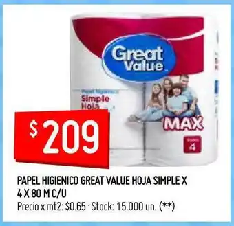 Walmart Great Value Papel Higienico Hoja Simple x 4 x 80m c/u oferta