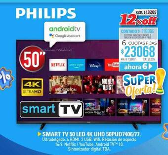 Smart tv 50 led 4k uhd 50pud7406-77 philips