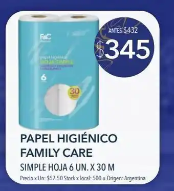 Jumbo Papel higiénico family care simple hoja 6 un. x 30 m oferta