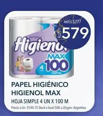 Jumbo Papel higiénico higienol max hoja simple 4 un x 100 m oferta